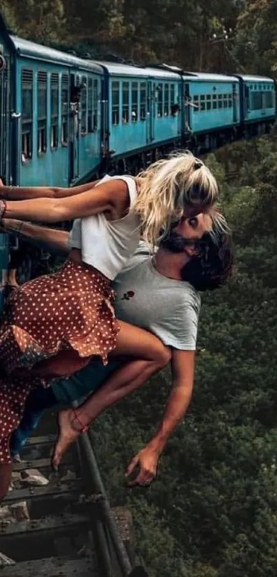 Couple kissing on a train with scenic greenery in the background.