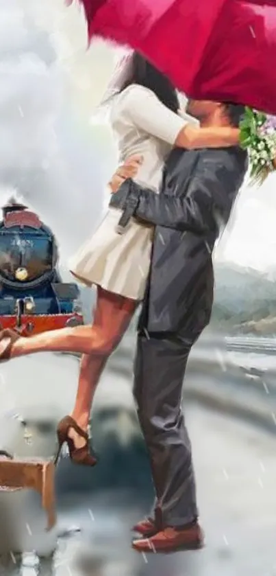 Couple embracing under a red umbrella by a steam train.