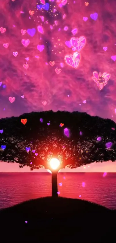 Romantic tree at sunset with heart-filled sky wallpaper.