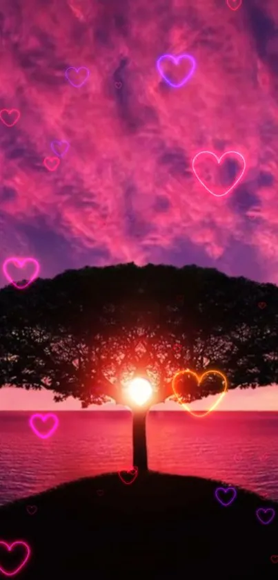 Beautiful sunset behind tree with glowing hearts in a purple sky.