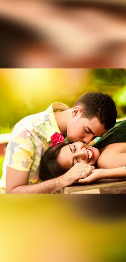 Romantic couple in a lush, tropical setting with vibrant greenery.