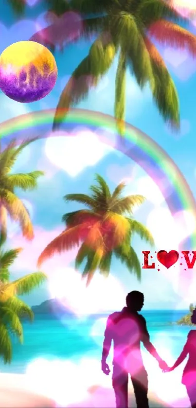 Romantic tropical beach scene with rainbow and palms.