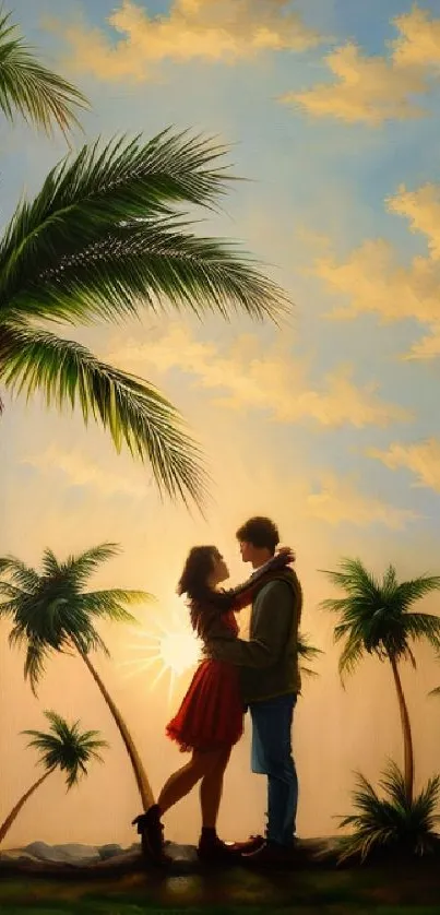 Couple embraces under palm trees at sunset in tropical art.