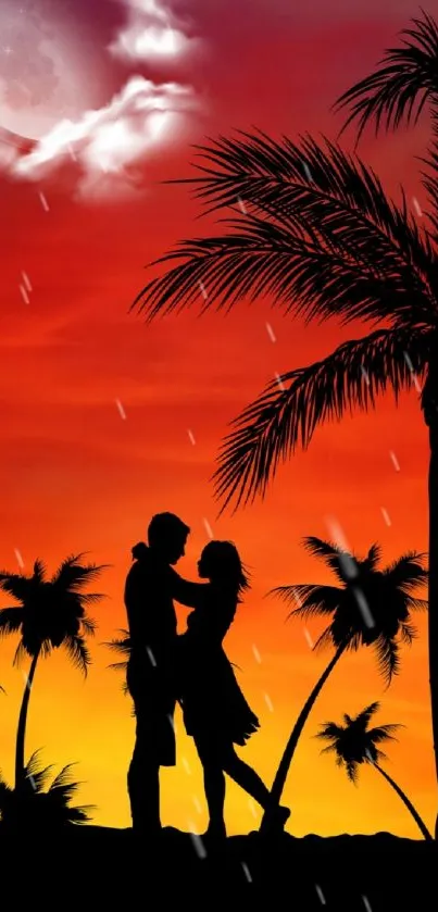 Romantic sunset with moon and palm trees