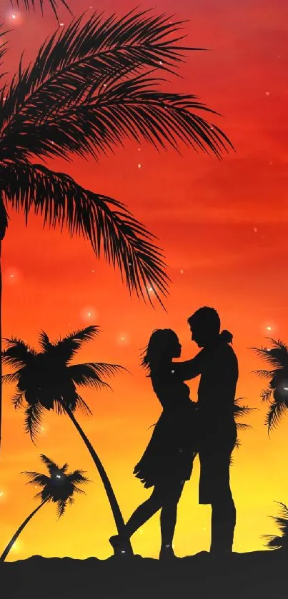 Romantic silhouette of a couple under palm trees at tropical sunset.