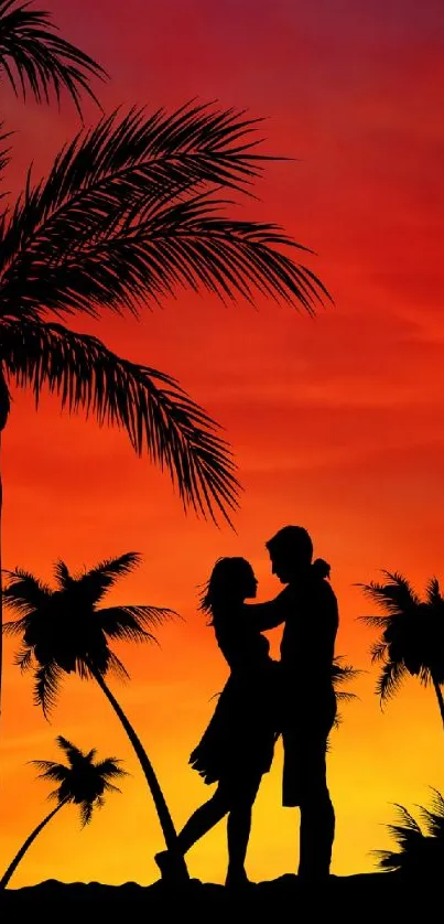 Silhouette of a couple at sunset with palm trees, creating a romantic tropical vibe.