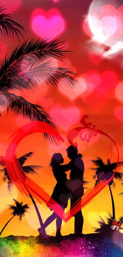 Romantic couple silhouette at tropical sunset with hearts and palm trees.