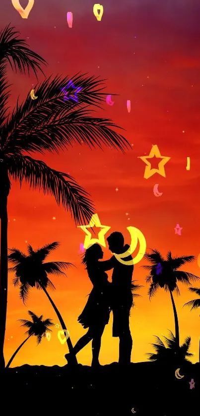 Silhouette couple under palm tree at sunset with orange sky backdrop.