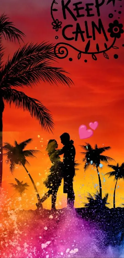 Romantic tropical sunset wallpaper with couple and palm trees.