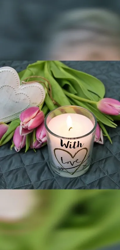 Romantic candle with pink tulips and hearts.