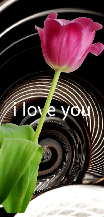 Pink tulip with 'I love you' text on spiral background.