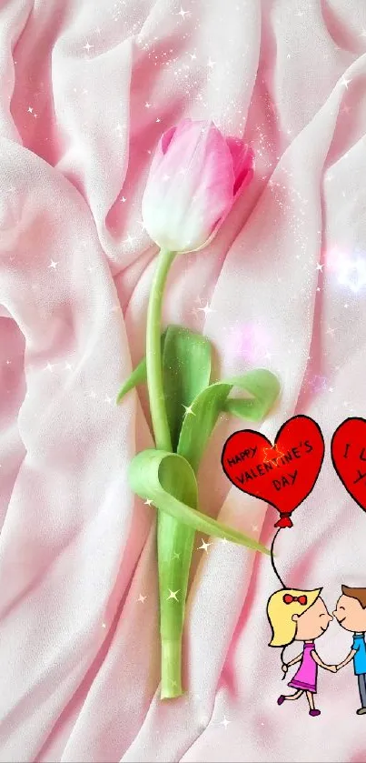 Romantic pink tulip and couple illustration on Valentine's wallpaper.