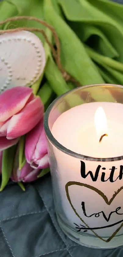 Romantic scene with pink tulips, heart-shaped candle, and cozy decor.