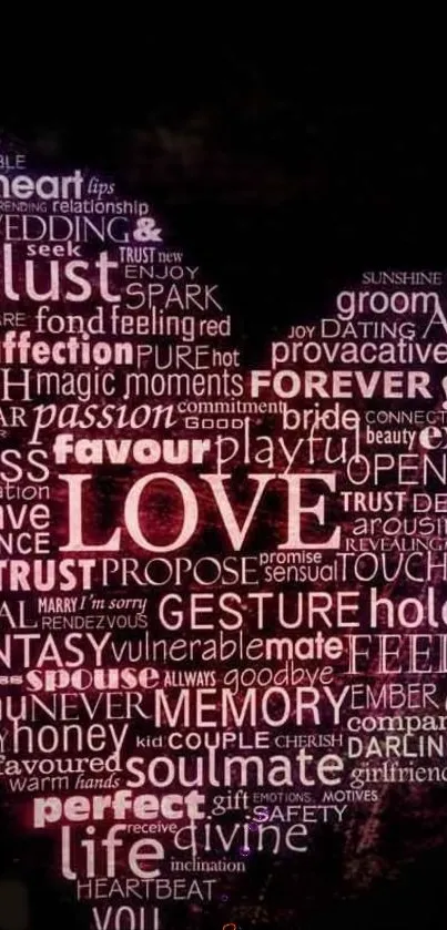 Romantic typography wallpaper with love-themed words.