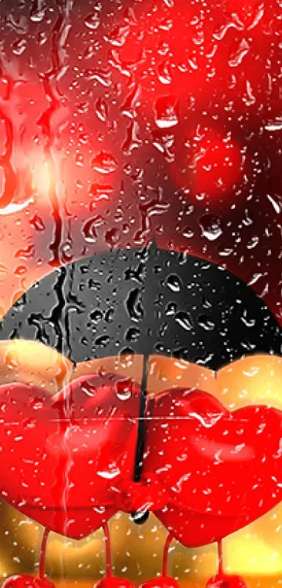 Romantic heart under umbrella with rain in vibrant red tones.