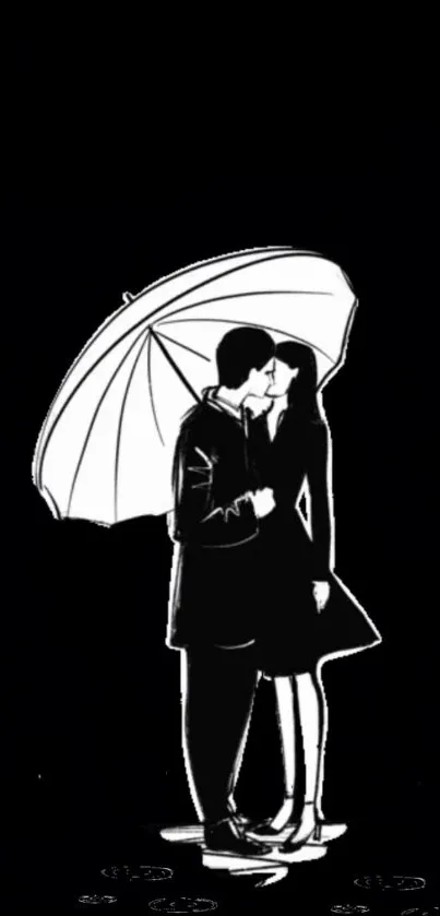 Silhouette of a couple under a white umbrella on a black background.