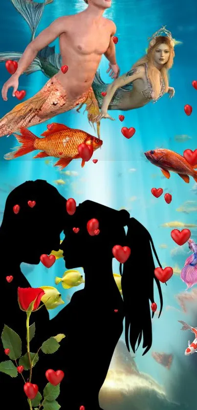 Romantic underwater fantasy wallpaper with mermaids and silhouettes.