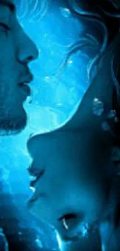 Romantic lovers underwater in blue ambiance.