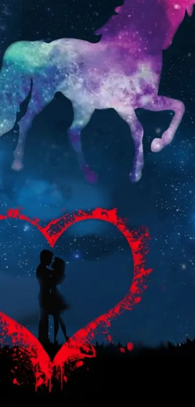 Silhouette of a couple with a unicorn and galaxy sky as wallpaper.