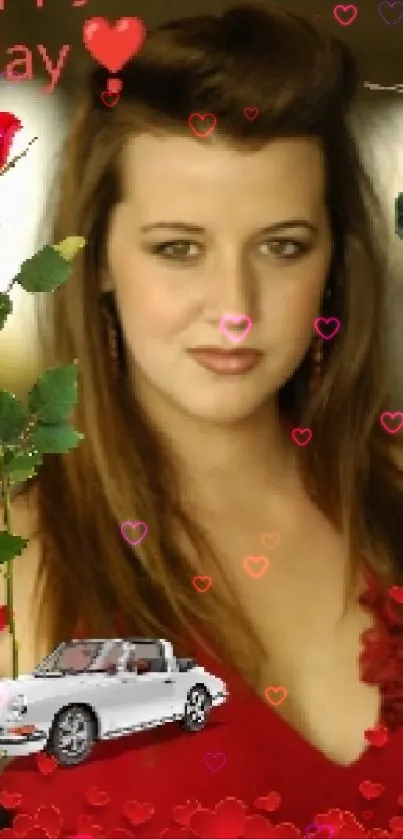 Romantic Valentine's Day wallpaper with hearts and roses.