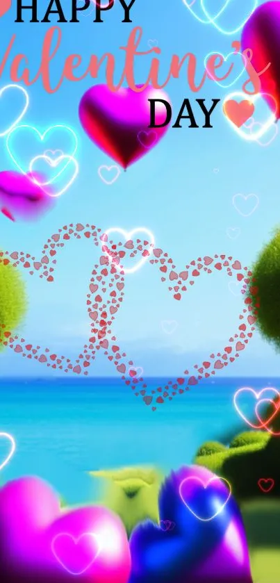 Romantic Valentine's Day wallpaper with hearts and ocean view.