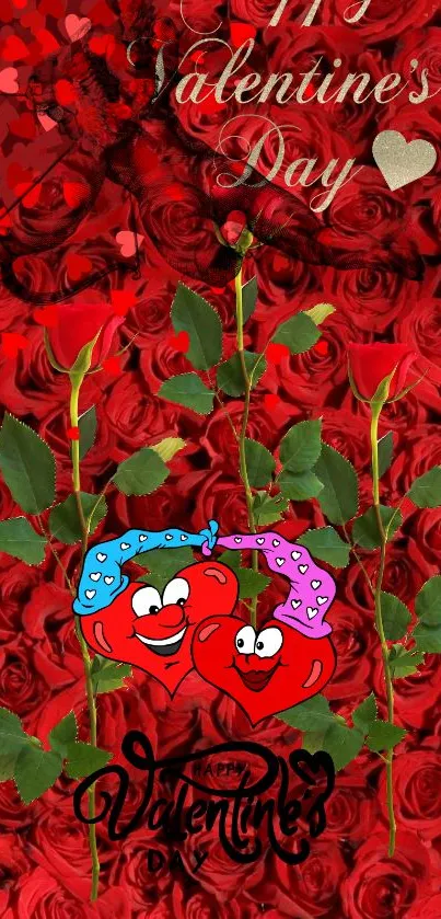 Cartoon hearts and roses Valentine's Day wallpaper, vibrant and festive design.