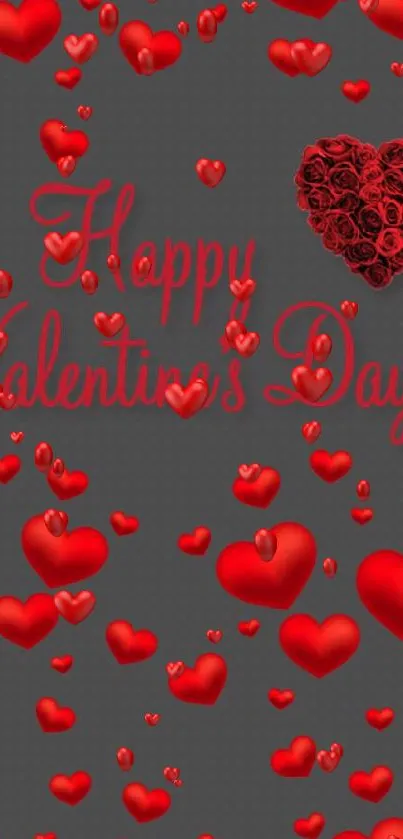 Valentine's wallpaper with red hearts on gray background.