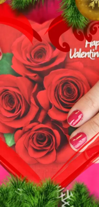 Heart-shaped red roses wallpaper for Valentine's Day with festive decorations.