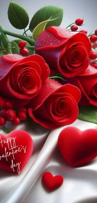 Valentine's Day wallpaper with red roses and hearts.