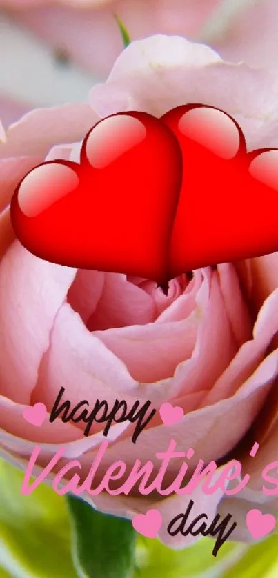 Valentine's Day wallpaper with pink rose and red heart emojis.
