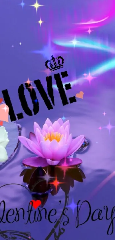 Romantic water lily Valentine's Day wallpaper with love text and purple hues.