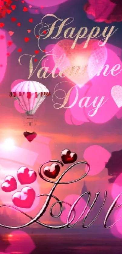 Romantic Valentine's wallpaper with hearts and sunset.