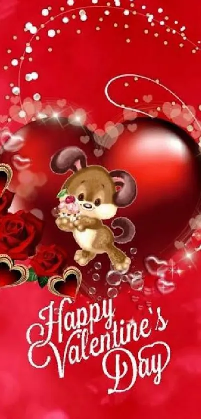 Valentine's Day wallpaper with a cute puppy and red heart design.