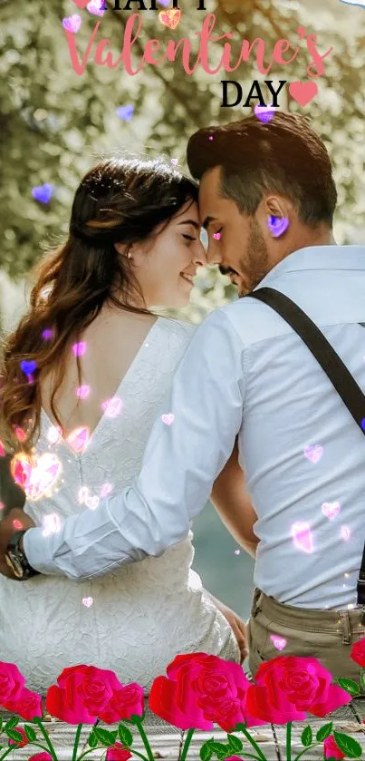 Romantic couple in embrace with Valentine's Day theme.