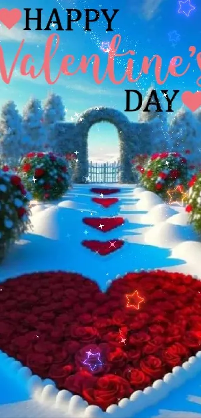 Valentine's Day snow landscape with heart-shaped roses.