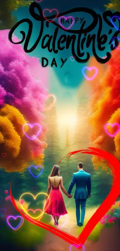 Romantic couple walking under vibrant trees with Valentine's Day text.