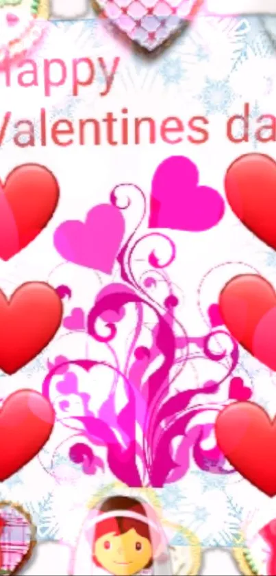 Valentine's Day wallpaper with red hearts and pink decorative design.