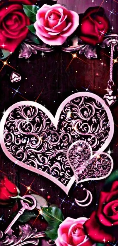 Valentine's Day wallpaper with roses and a decorative heart design.