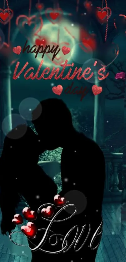 Valentine's Day wallpaper with silhouetted couple and floral accents.