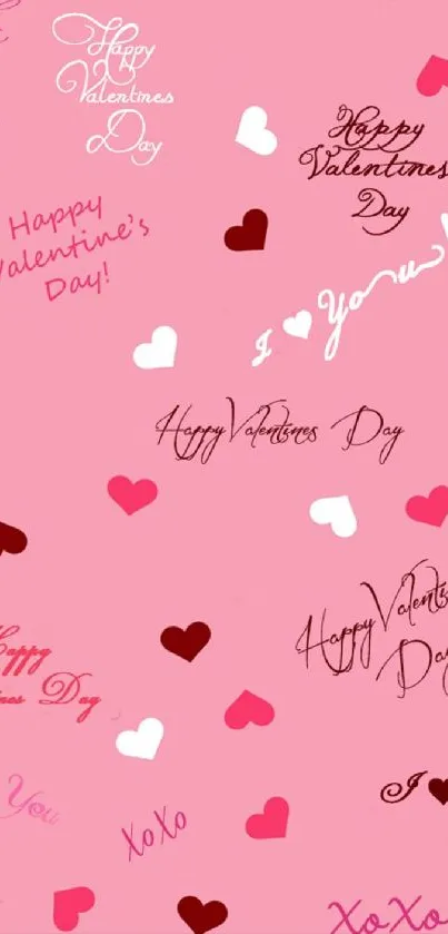 Valentine's Day wallpaper with hearts and love messages on a pink background.