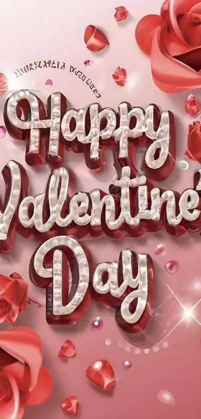 Romantic Valentine's Day wallpaper with red roses and 3D text on a pink background.