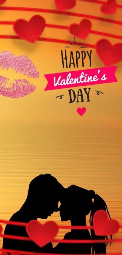 Valentine's Day wallpaper with a couple silhouette and heart motifs at sunset.