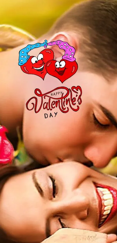 Romantic Valentine's Day mobile wallpaper with cartoon hearts and smiling couple.