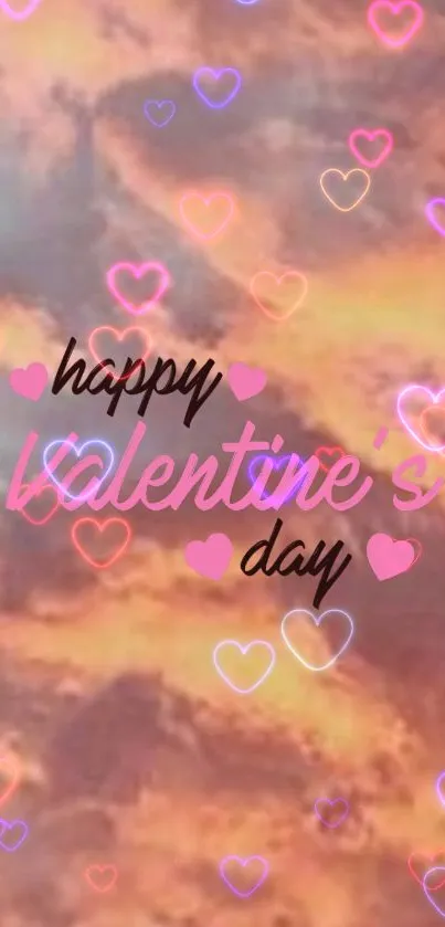 Romantic Valentine's Day mobile wallpaper with colorful hearts and dreamy sky.