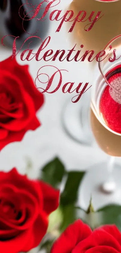 Valentine's Day wallpaper with red roses and champagne.