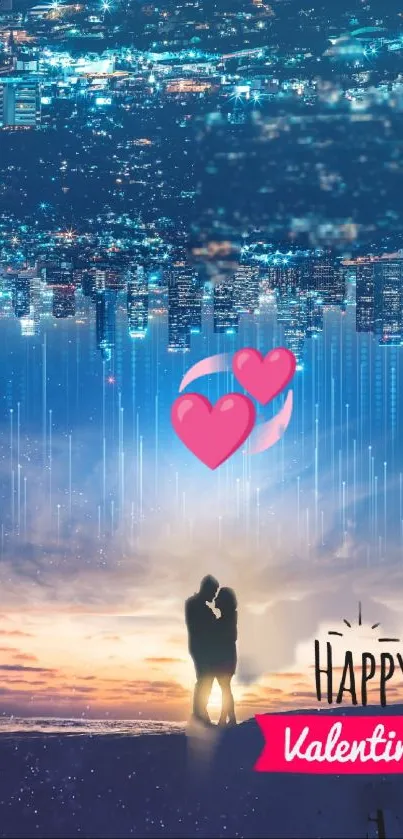 Valentine's Day wallpaper with cityscape and couple silhouette.