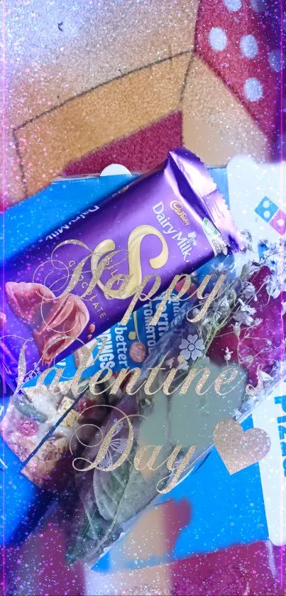 Valentine's Day wallpaper with chocolates, roses, and a festive design.