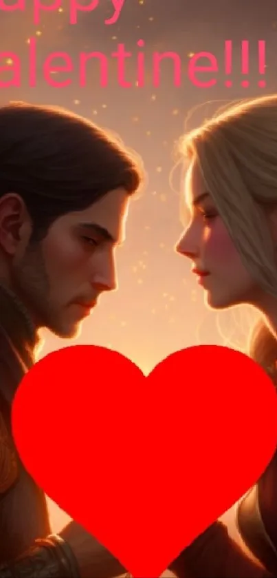 Romantic couple with red heart on Valentine's Day wallpaper.