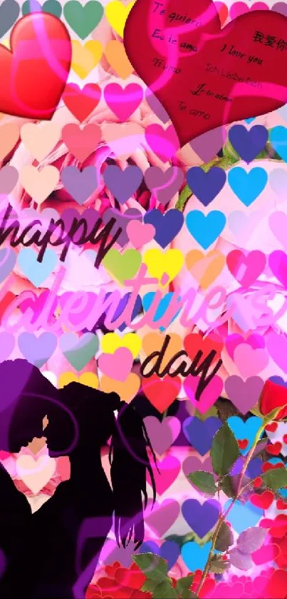 Romantic Valentine's Day wallpaper with hearts and roses, featuring a couple silhouette.