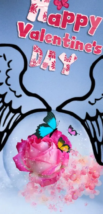 Valentine's Day wallpaper with pink rose and butterflies.